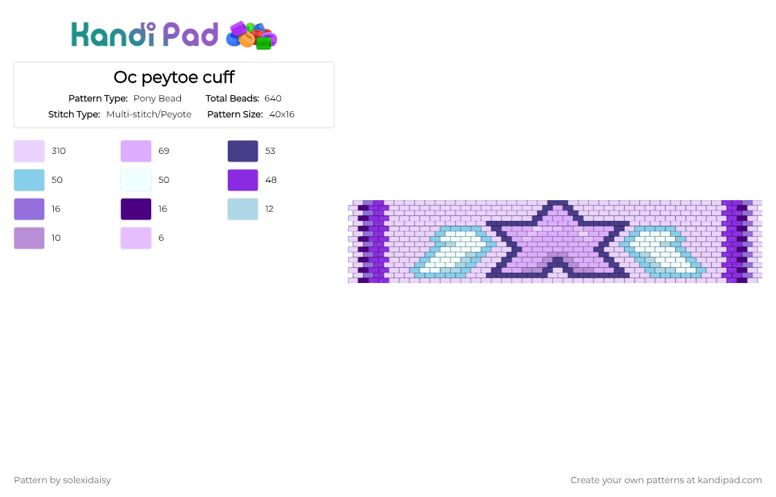 Oc peytoe cuff - Pony Bead Pattern by solexidaisy on Kandi Pad - purple,star,wings,white,glitter,ash,ashley