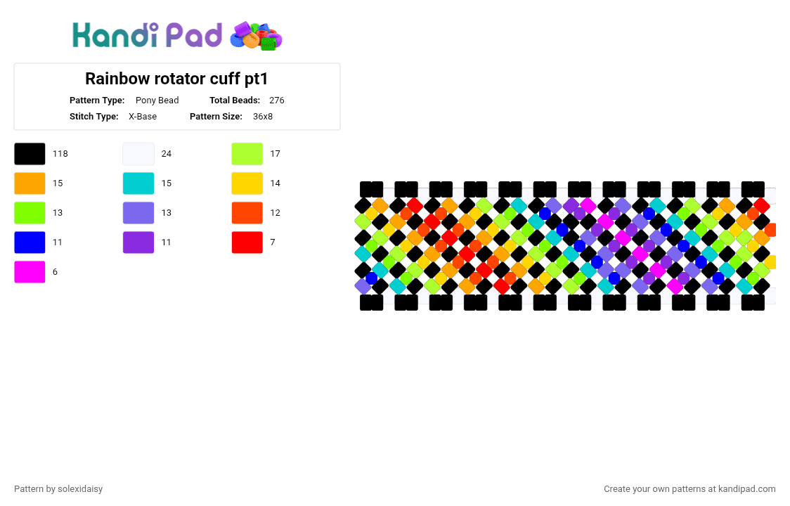 Rainbow rotator cuff pt1 - Pony Bead Pattern by solexidaisy on Kandi Pad - black,orange,light blue,purple,colorful,rainbow,red,yellow,green,blue,pink