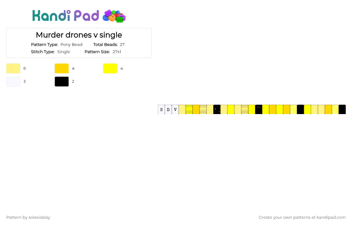 Murder drones V single - Pony Bead Pattern by solexidaisy on Kandi Pad - yellow,murder drones v,murder drones sdv,murder drones,v,sdv