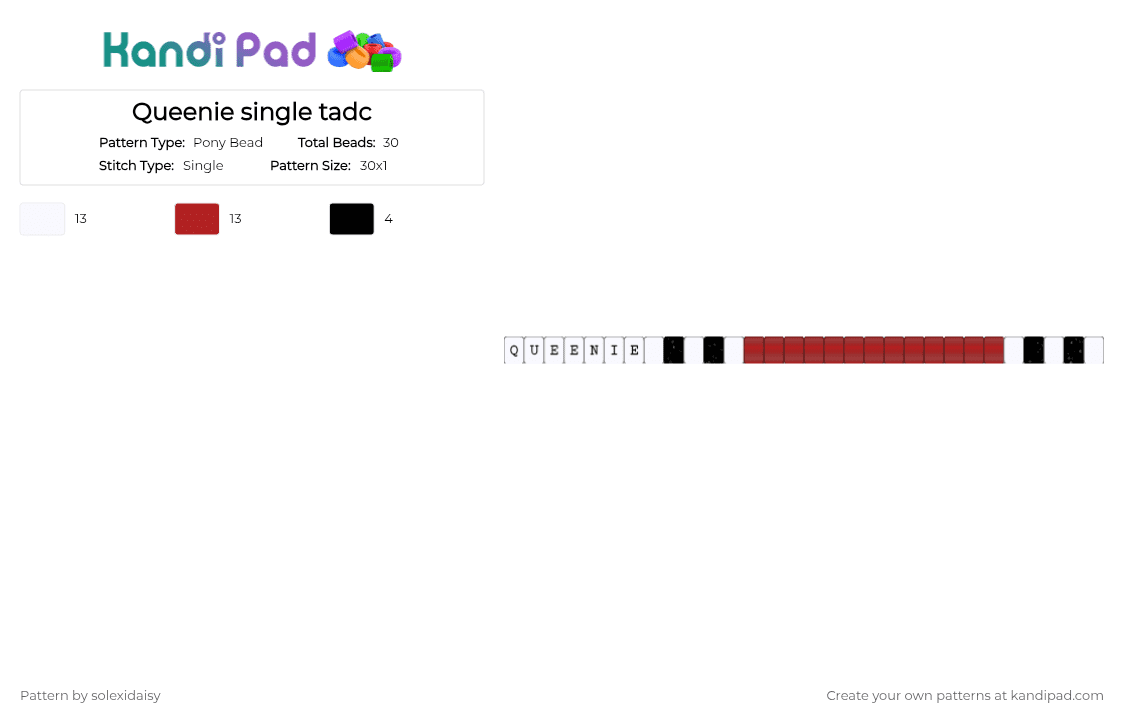 Queenie single tadc - Pony Bead Pattern by solexidaisy on Kandi Pad - white,red,queenie,queenie tadc,tadc