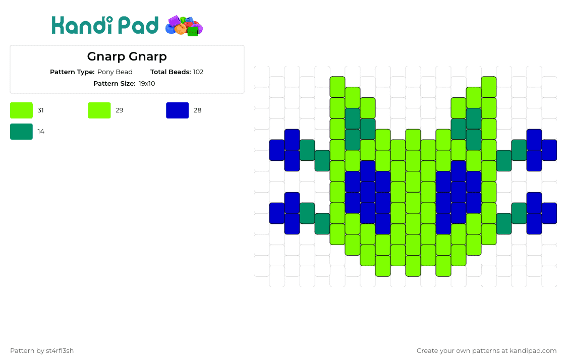 Gnarp Gnarp - Pony Bead Pattern by st4rfl3sh on Kandi Pad - gnarp gnarp,alien,cat,meme,green,neon,blue