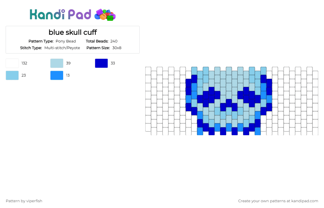 blue skull cuff - Pony Bead Pattern by viperfish on Kandi Pad - blue, cuff, light blue, purple, skull