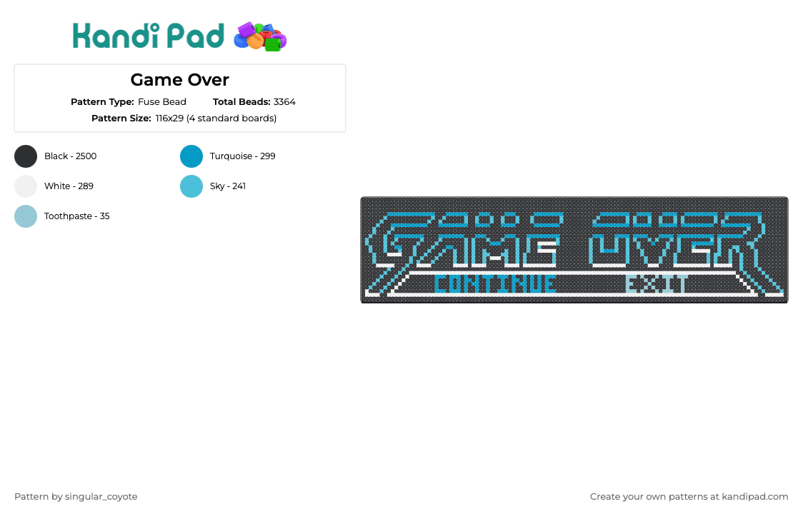 Game Over - Fuse Bead Pattern by singular_coyote on Kandi Pad - game over,menu,retro,sign,text,continue,exit,video game,blue