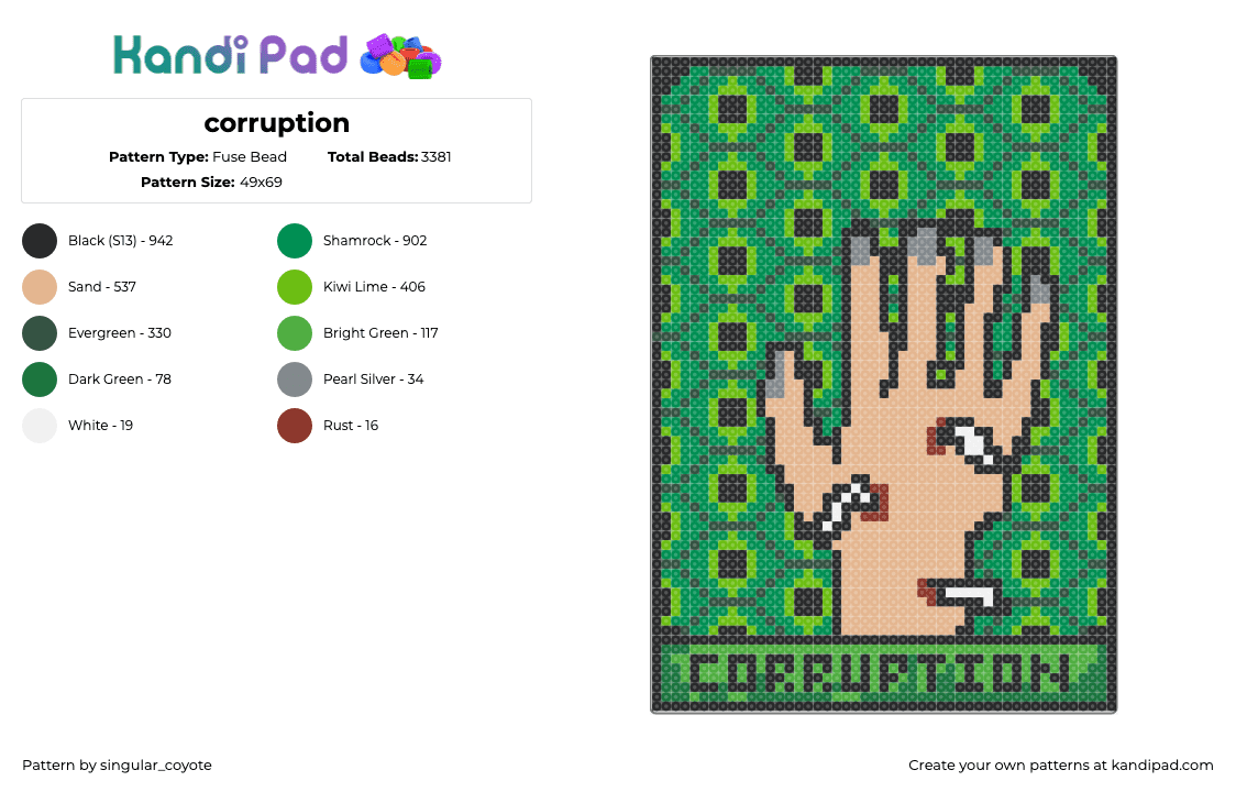 corruption - Fuse Bead Pattern by singular_coyote on Kandi Pad - corruption,hand,poster,panel,spooky,green,tan