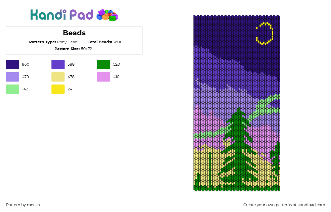 Beads - Pony Bead Pattern by meesh on Kandi Pad - landscape,nature,tree,night,sunset,mountains,panel,serene,green,purple