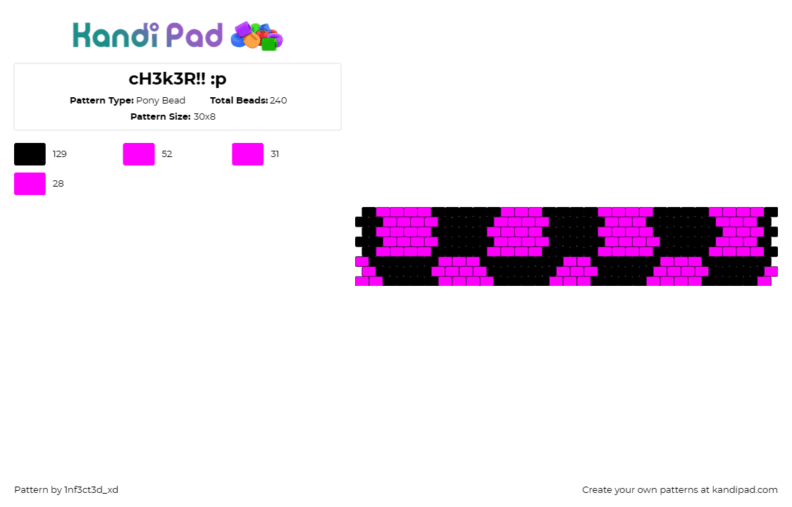 cH3k3R!! :p - Pony Bead Pattern by 1nf3ct3d_xd on Kandi Pad - checkered,emo,scene,geometric,cuff,pink,black