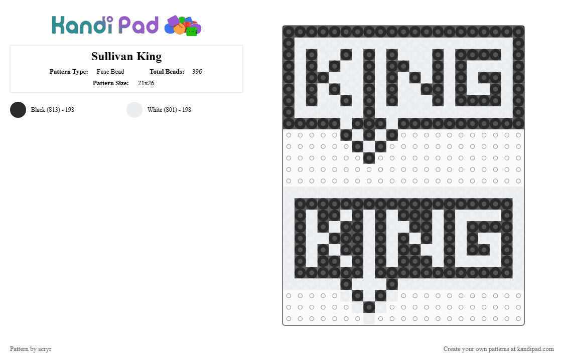 Sullivan King - Fuse Bead Pattern by scryr on Kandi Pad - black,white