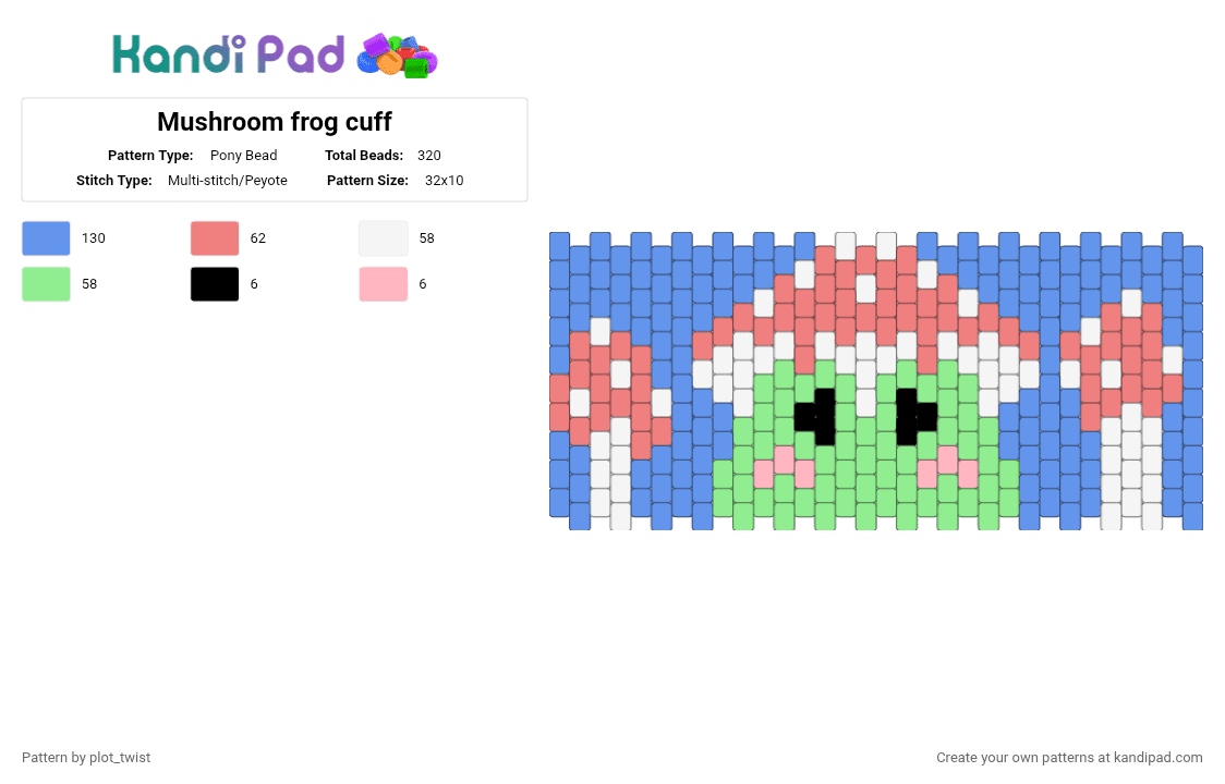 Mushroom frog cuff - Pony Bead Pattern by plot_twist on Kandi Pad - frog, light blue, mushroom, mushrooms, red