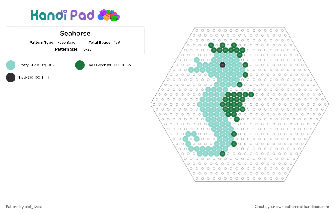 Seahorse - Fuse Bead Pattern by plot_twist on Kandi Pad - animal, cotdoceancreatures, green, light blue, ocean, seahorse