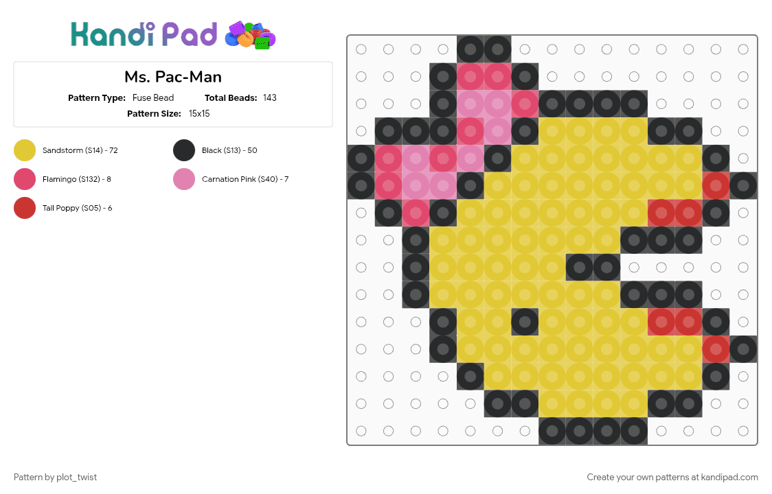 Ms. Pac-Man - Fuse Bead Pattern by plot_twist on Kandi Pad - character, girl, pacman, video game, yellow