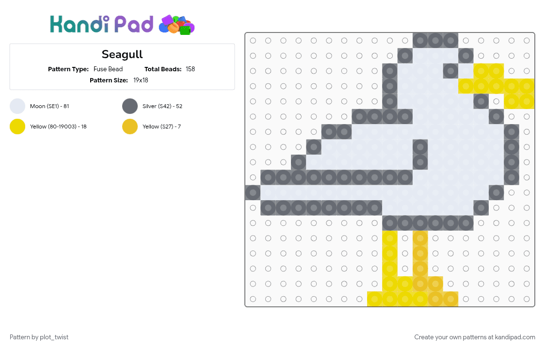 Seagull - Fuse Bead Pattern by plot_twist on Kandi Pad - animal, bird, cotdoceancreatures, gray, ocean, seagull, yellow