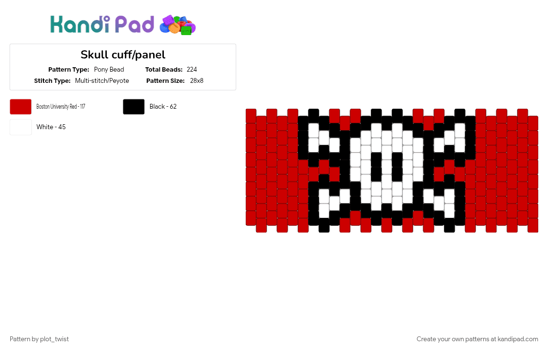 Skull cuff/panel - Pony Bead Pattern by plot_twist on Kandi Pad - big, red, skull, white