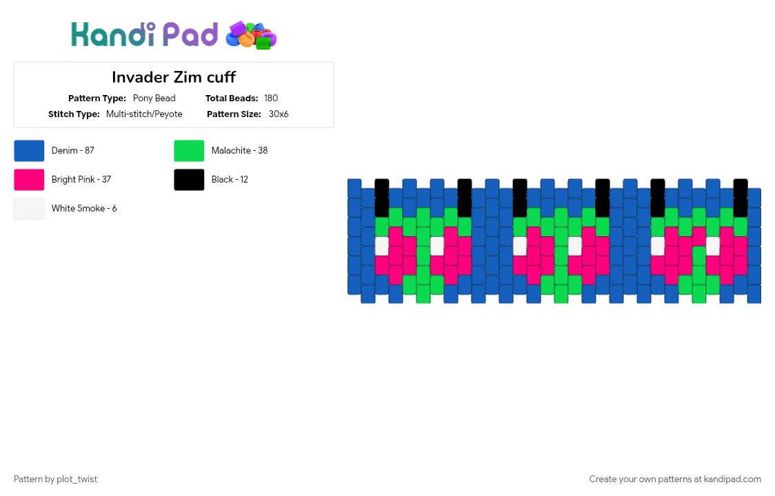 Invader Zim cuff - Pony Bead Pattern by plot_twist on Kandi Pad - blue, cartoon, character, invader zim, tv show
