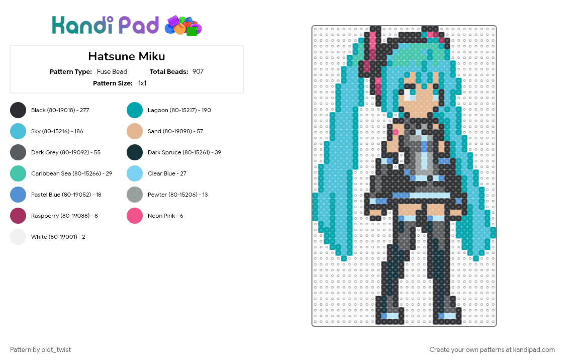 Hatsune Miku - Fuse Bead Pattern by plot_twist on Kandi Pad - anime, hatsune miku, light blue, teal, vocaloid