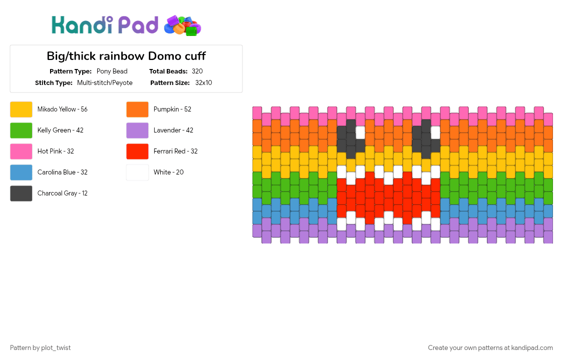 Big/thick rainbow Domo cuff - Pony Bead Pattern by plot_twist on Kandi Pad - colorful, cuff pattern, domo, green, orange, pink, rainbow, stripes, yellow