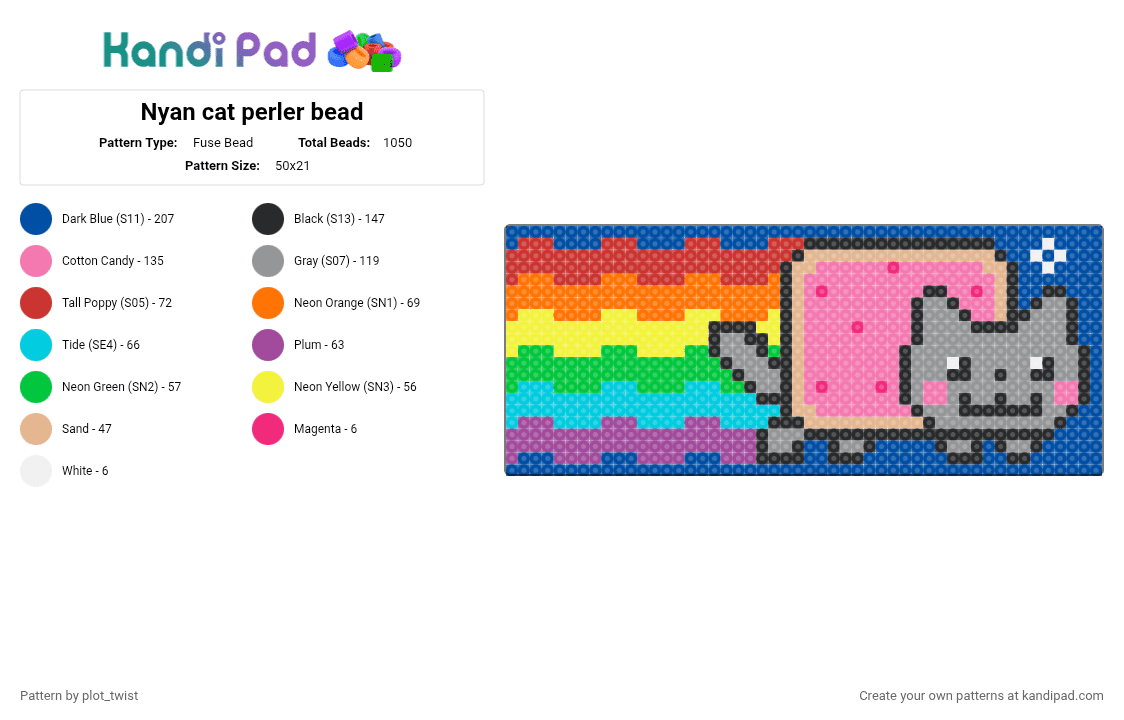 Nyan cat perler bead - Fuse Bead Pattern by plot_twist on Kandi Pad - blue, gray, nyan cat, pink