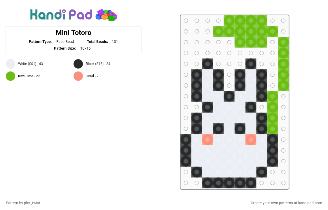 Mini Totoro - Fuse Bead Pattern by plot_twist on Kandi Pad - anime, cotdanime, green, my neighbor totoro, white