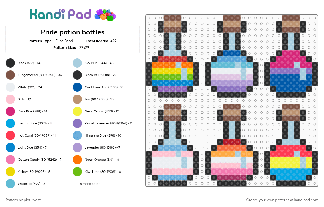 Pride potion bottles - Fuse Bead Pattern by plot_twist on Kandi Pad - berrisexual, bisexual, blue, cotdpotions, gay, lesbian, light blue, pansexual, pink, pride, tan, trans