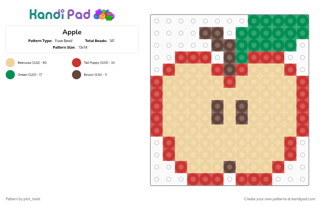 Apple - Fuse Bead Pattern by plot_twist on Kandi Pad - apple, beige, food, fruit, red, slice, white