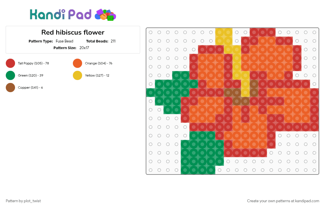 Orange hibiscus flower - Fuse Bead Pattern by plot_twist on Kandi Pad - flower, orange, plant, red, tropical