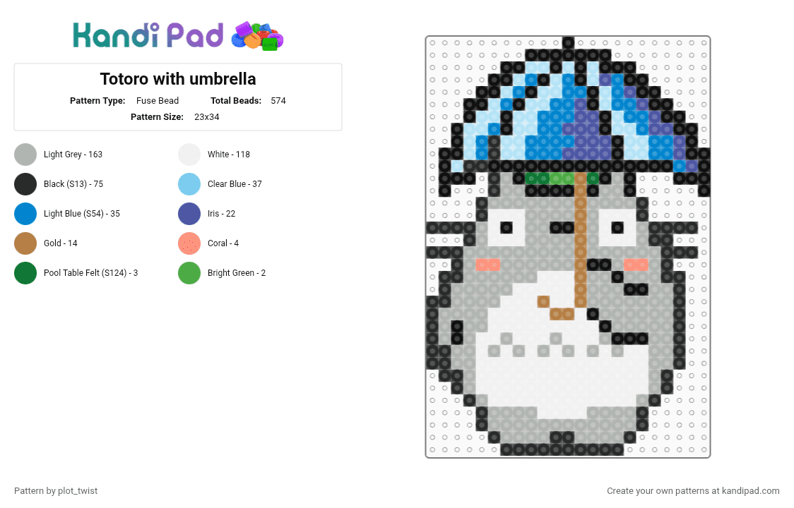 Totoro with umbrella - Fuse Bead Pattern by plot_twist on Kandi Pad - anime, beige, ghibli, light blue, my neighbor totoro, studio ghibli