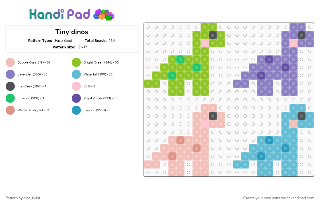 Tiny dinos - Fuse Bead Pattern by plot_twist on Kandi Pad - beige, brontosaurus, cute, dinodor, dinosaur, green, light blue, pink, raaaaa, rawr, small, tiny