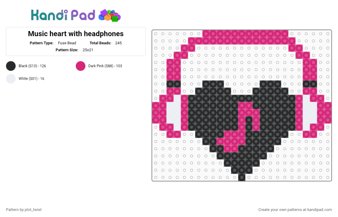 Music heart with headphones - Fuse Bead Pattern by plot_twist on Kandi Pad - music, pink