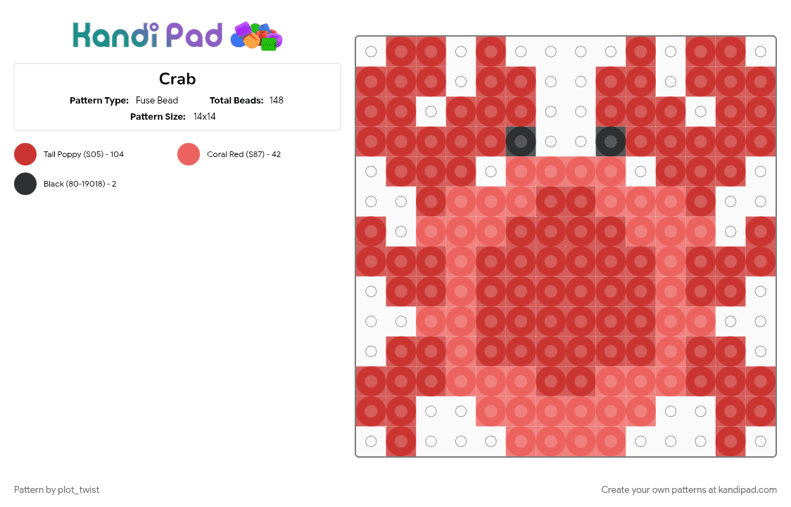 Crab - Fuse Bead Pattern by plot_twist on Kandi Pad - animal, cotdoceancreatures, crab, crustacean, ocean, red