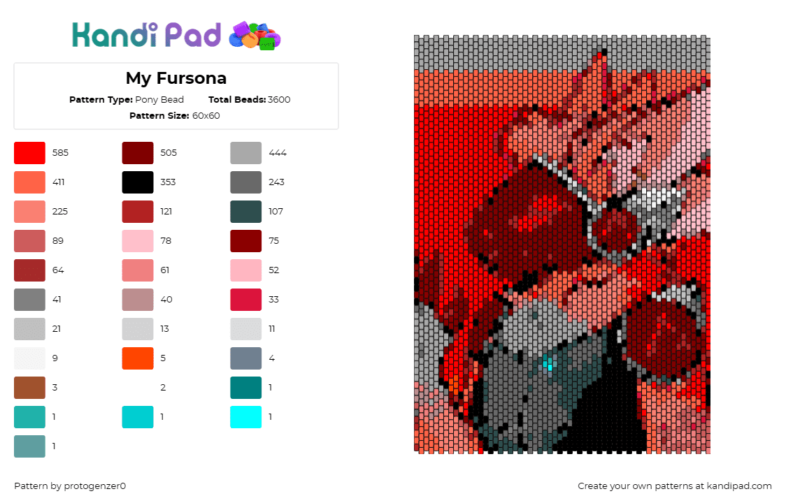 My Fursona - Pony Bead Pattern by protogenzer0 on Kandi Pad - fursona,furry,community,panel,red,gray