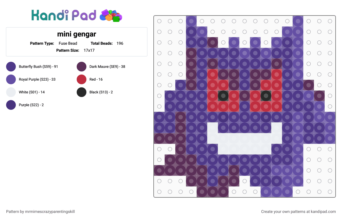 mini gengar - Fuse Bead Pattern by mrmimescrazyparentingskill on Kandi Pad - gengar, ghost types, mini, perler, pokemon, purple