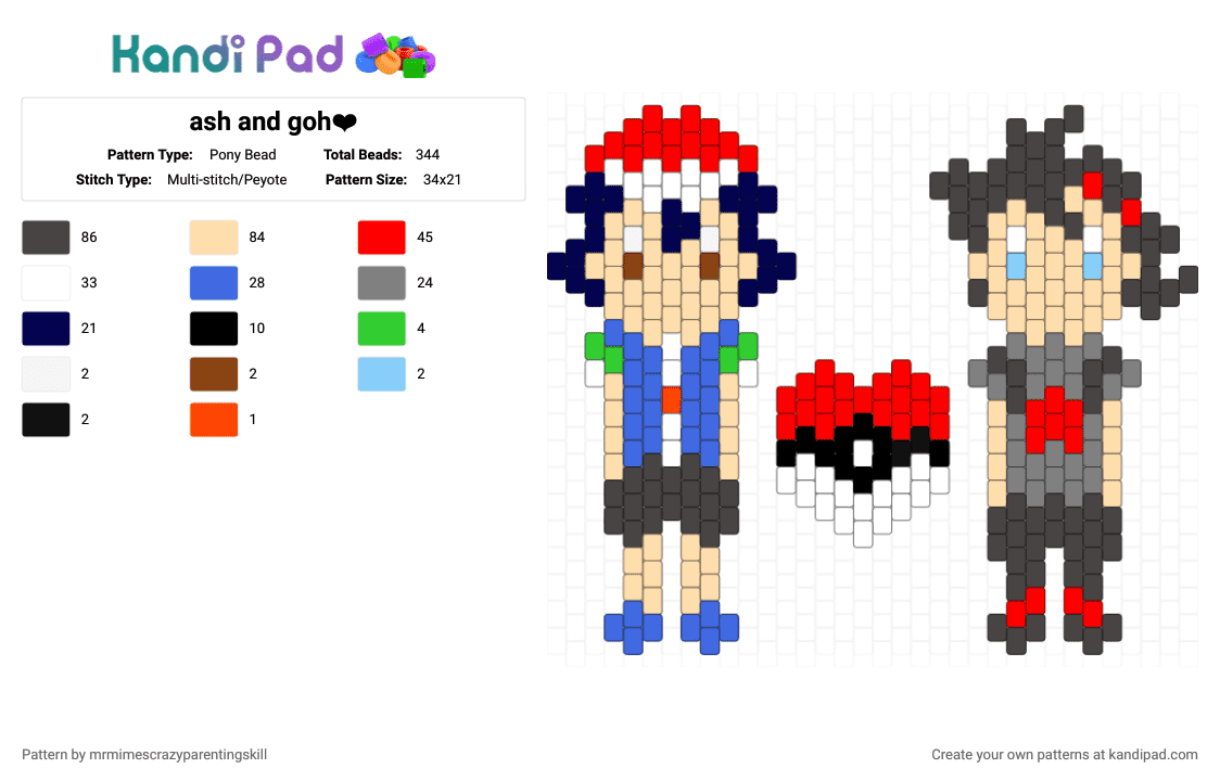 ash and goh❤ - Pony Bead Pattern by mrmimescrazyparentingskill on Kandi Pad - red,brown,beige,pokemon,journeys,ash,goh,satogou