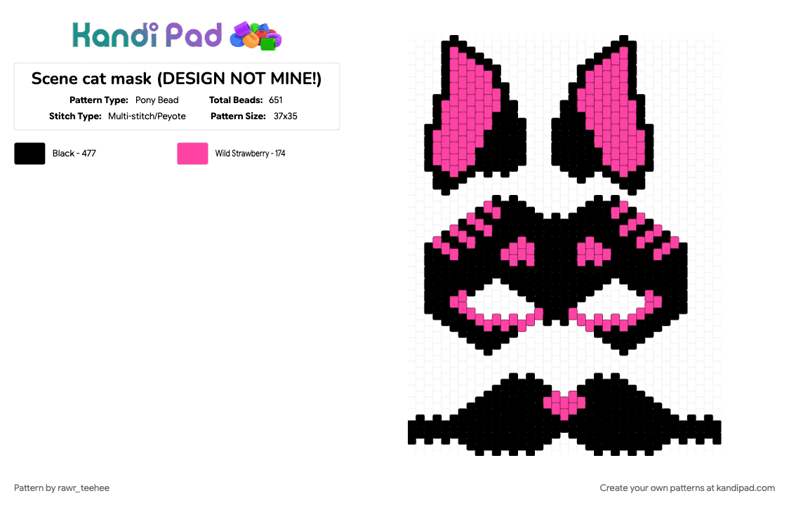 Scene cat mask (DESIGN NOT MINE!) - Pony Bead Pattern by rawr_teehee on Kandi Pad - black, pink