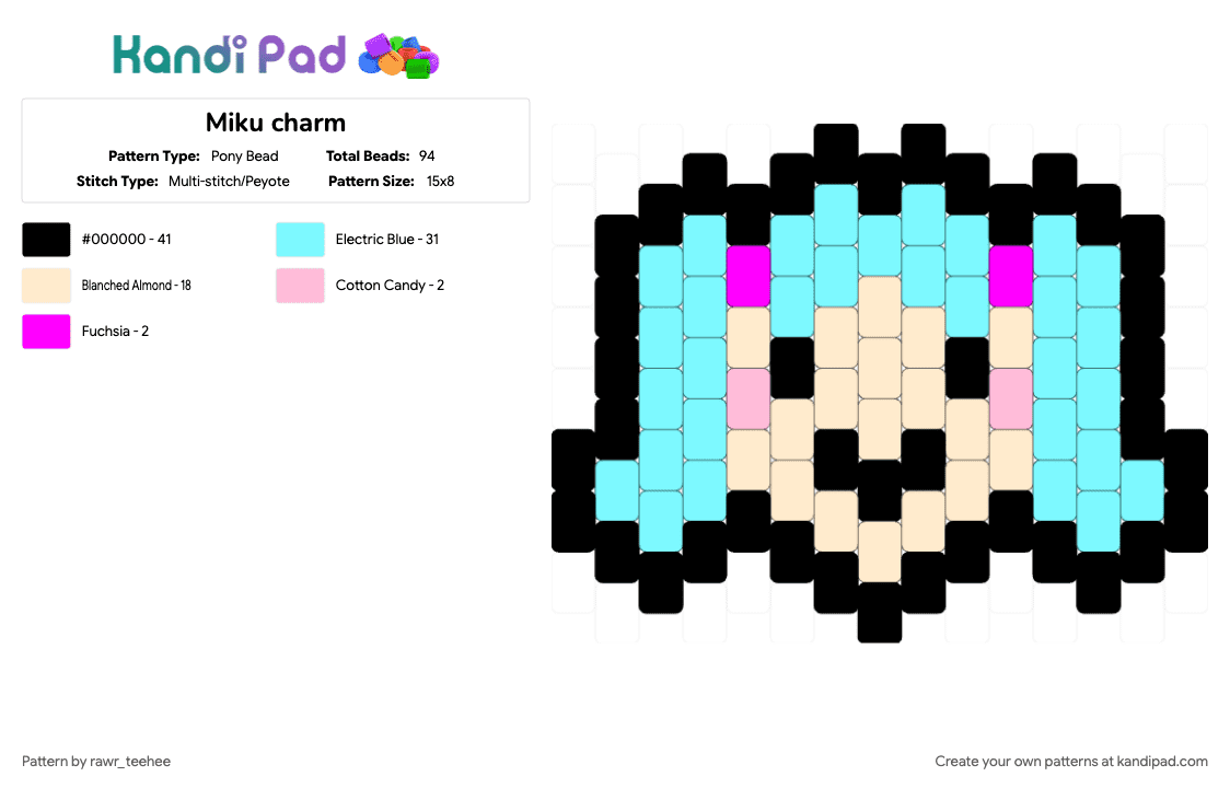 Miku charm - Pony Bead Pattern by rawr_teehee on Kandi Pad - beige, charm, kawaii, light blue, miku, small, vocaloid