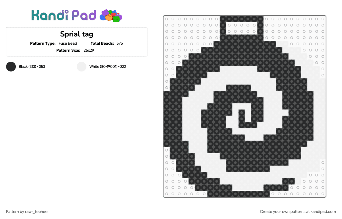 Sprial tag - Fuse Bead Pattern by rawr_teehee on Kandi Pad - badge, black, black and white, junji ito, keychain, spiral, tag, uzumaki, white