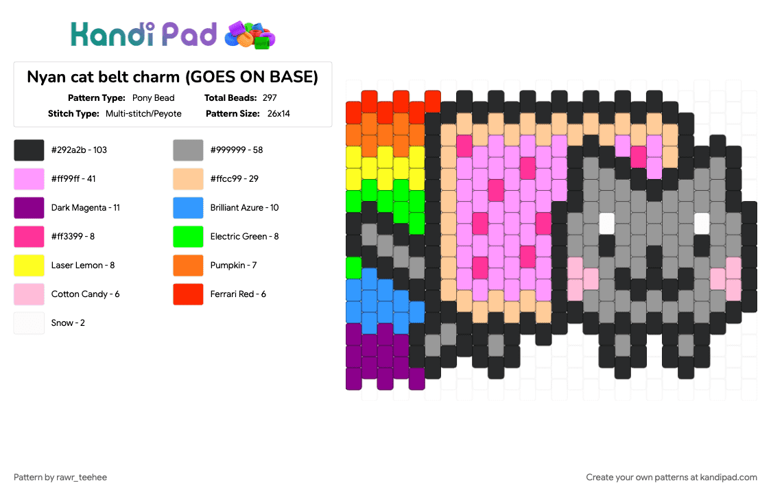Nyan cat belt charm (GOES ON BASE) - Pony Bead Pattern by rawr_teehee on Kandi Pad - beige, belt, cat, cat belt, character, charm, gray, nyan cat, nyan cat belt, pink, rainbow