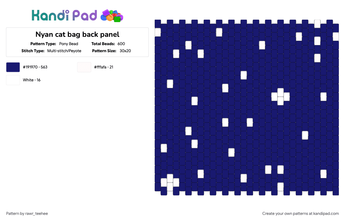 Nyan cat bag back panel - Pony Bead Pattern by rawr_teehee on Kandi Pad - bag, cat, character, character bag, nyan, nyan cat, purple, rainbow
