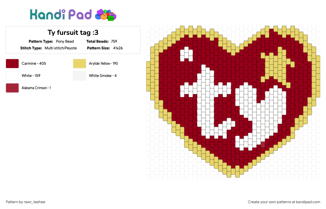 Ty fursuit tag :3 - Pony Bead Pattern by rawr_teehee on Kandi Pad - accesory, beanie boo, beanie boo tag, fursuit, fursuit tag, red, tag, ty, ty tag, yellow