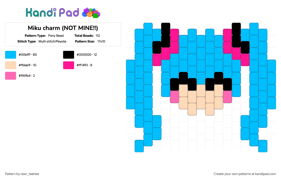 Miku charm (NOT MINE!!) - Pony Bead Pattern by rawr_teehee on Kandi Pad - charm, light blue, miku, miku charm