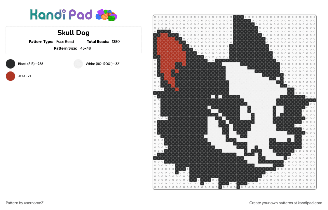 Skull Dog - Fuse Bead Pattern by rawr_teehee on Kandi Pad - badge, black, fursona, fursona charm, skull, skull dog, tag, white
