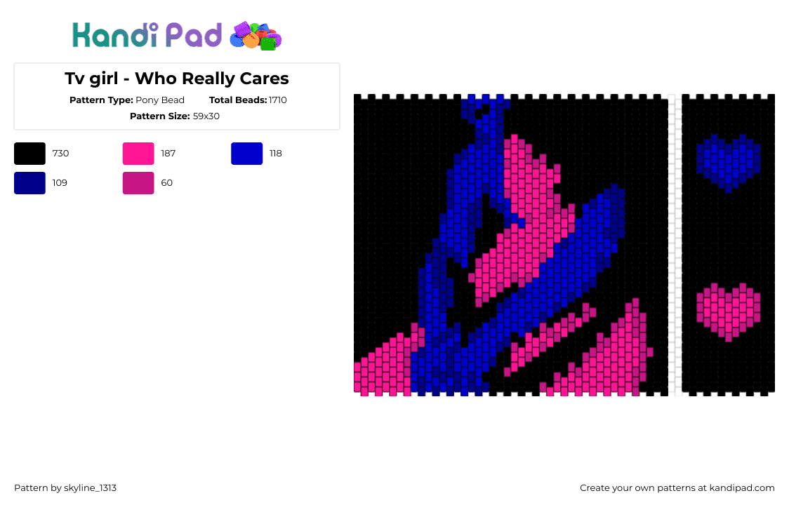 Tv girl - Who Really Cares - Pony Bead Pattern by skyline_1313 on Kandi Pad - who really cares,tv girl,album,band,music,panel,black,pink,blue