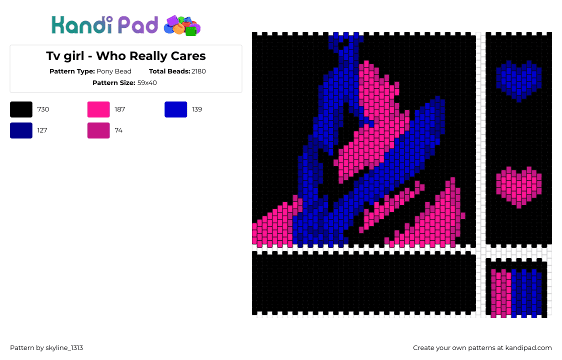 Tv girl - Who Really Cares - Pony Bead Pattern by skyline_1313 on Kandi Pad - who really cares,tv girl,album,band,music,panel,bag,black,pink,blue