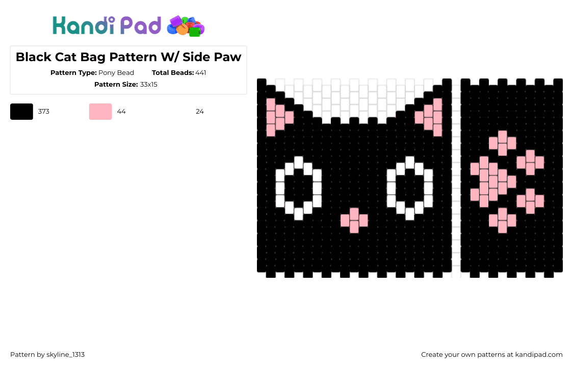 Black Cat Bag Pattern W/ Side Paw - Pony Bead Pattern by skyline_1313 on Kandi Pad - cat,paw print,bag,animal,pattern,cute,ears,black,pink