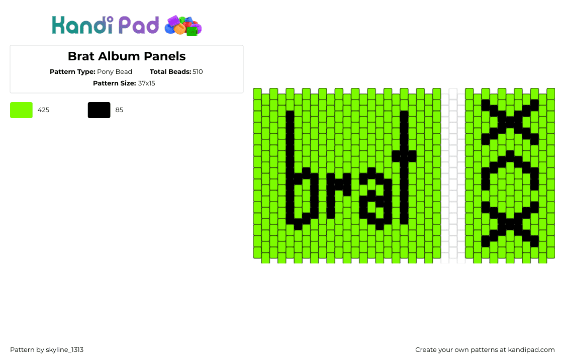 Brat Album Panels - Pony Bead Pattern by skyline_1313 on Kandi Pad - brat,charli xcx,album,music,bag,panel,text,green