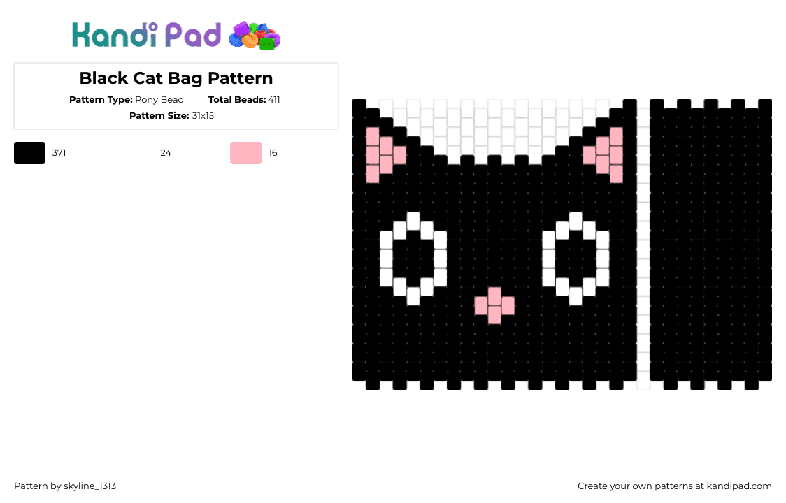 Black Cat Bag Pattern - Pony Bead Pattern by skyline_1313 on Kandi Pad - cat,bag,animal,pattern,cute,ears,black,pink