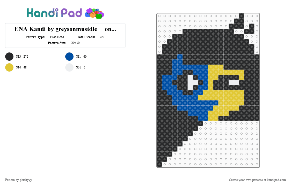 ENA Kandi by greysonmustdie__ on Pinterest (w/ Artkal S beads) - Fuse Bead Pattern by plushyyy on Kandi Pad - black,blue,yellow,ena