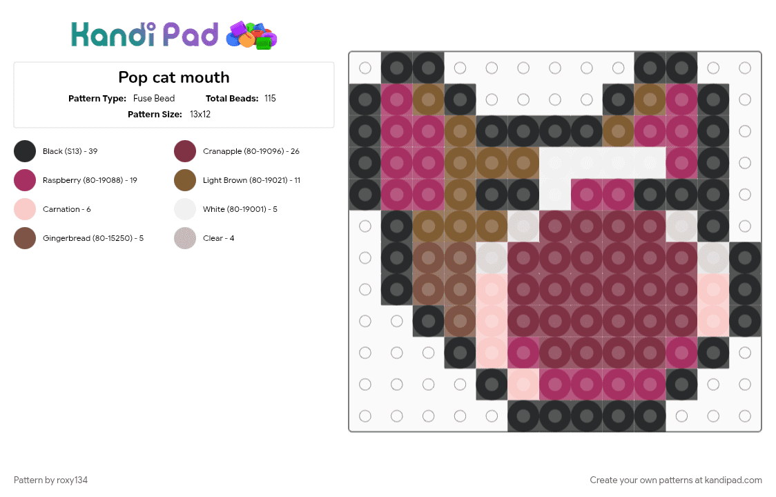 Pop cat mouth - Fuse Bead Pattern by roxy134 on Kandi Pad - brown, cat, character, charm, mouth, pink, pop cat