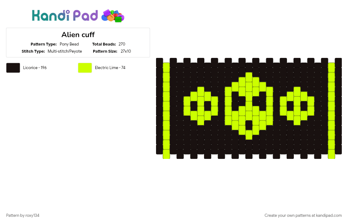 Alien cuff - Pony Bead Pattern by roxy134 on Kandi Pad - alien, black, black and green, green, green and black, space, yellow