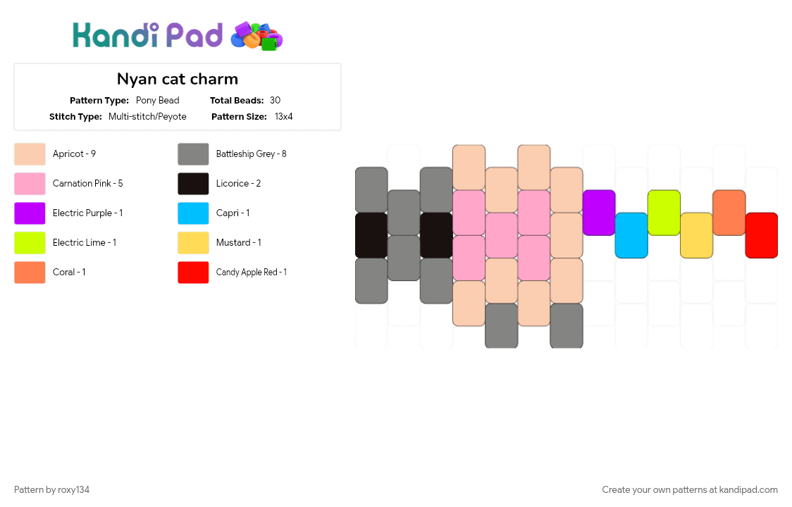 Nyan cat charm - Pony Bead Pattern by roxy134 on Kandi Pad - beige, cat, character, charm, gray, nyan cat, pink