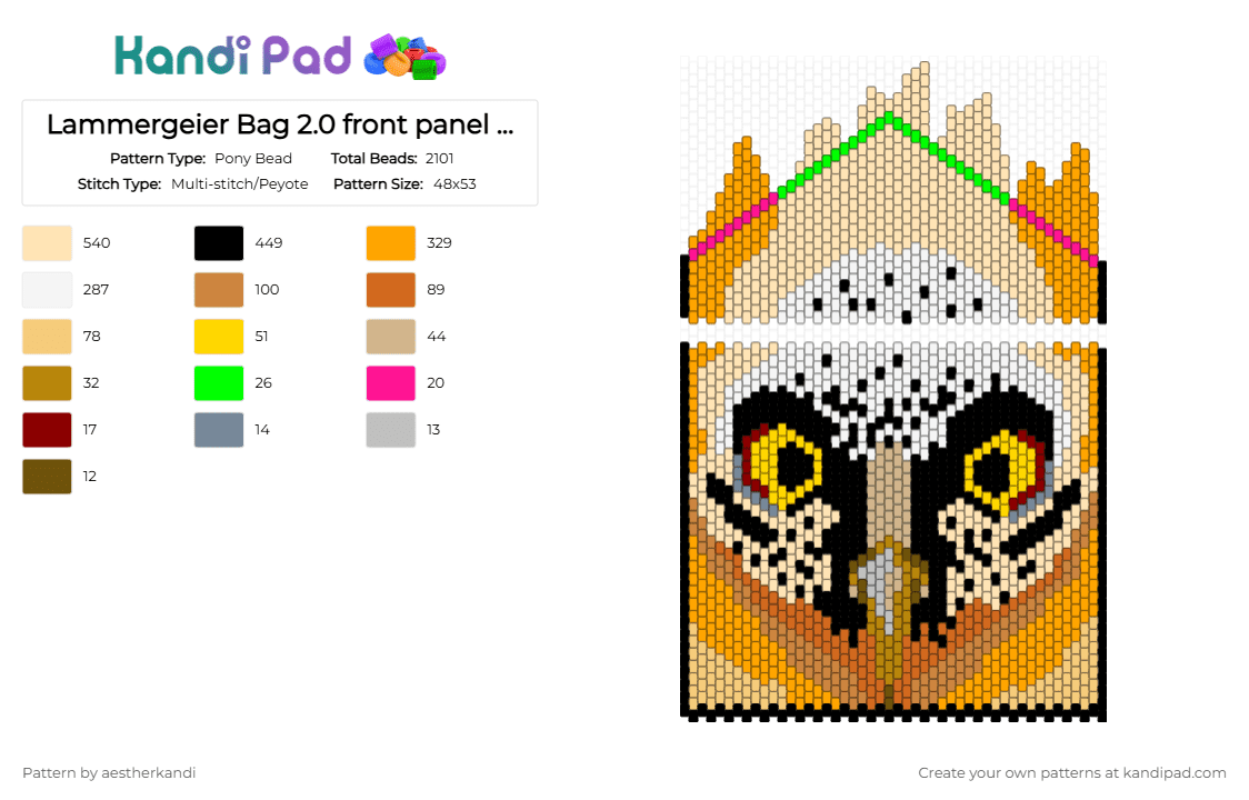 Lammergeier Bag 2.0 front panel + flap{READ DESC} - Pony Bead Pattern by aestherkandi on Kandi Pad - orange,beige,animal,vulture,bird,bag