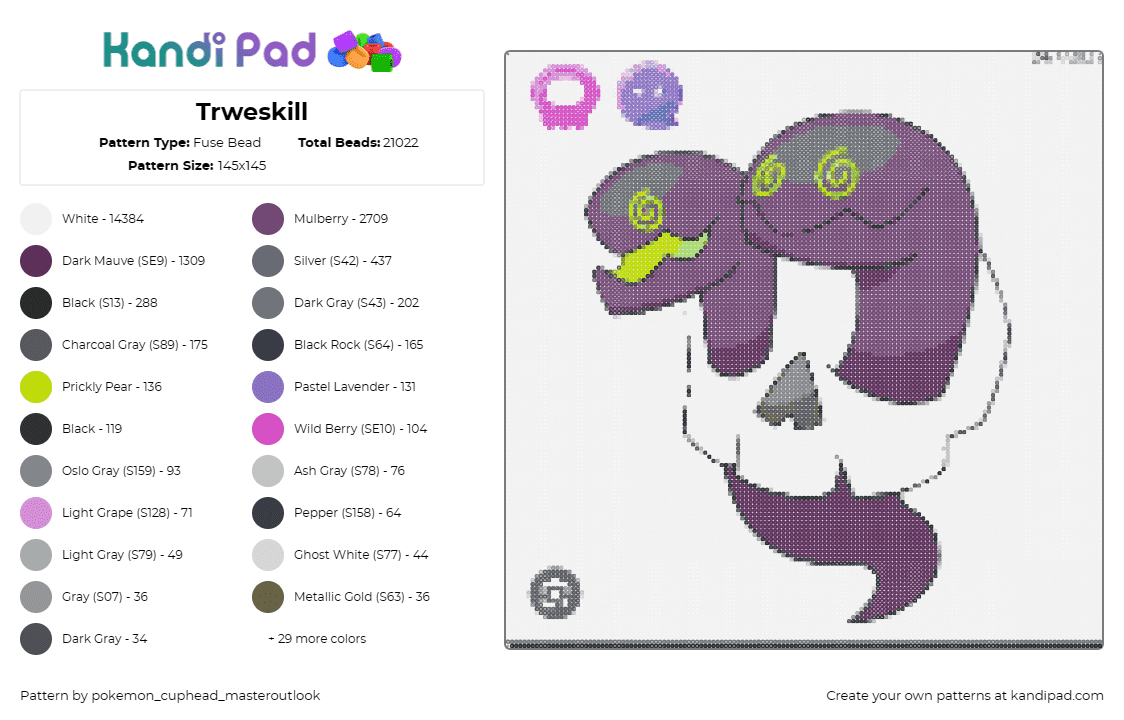 Trweskill - Fuse Bead Pattern by pokemon_cuphead_masteroutlook on Kandi Pad - trweskill,fakemon,pokemon,gaming,snakes,skull,purple,white